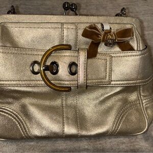 Coach Metallic Gold Kiss Lock Shoulder Bag Bow Accent Silver Hardware